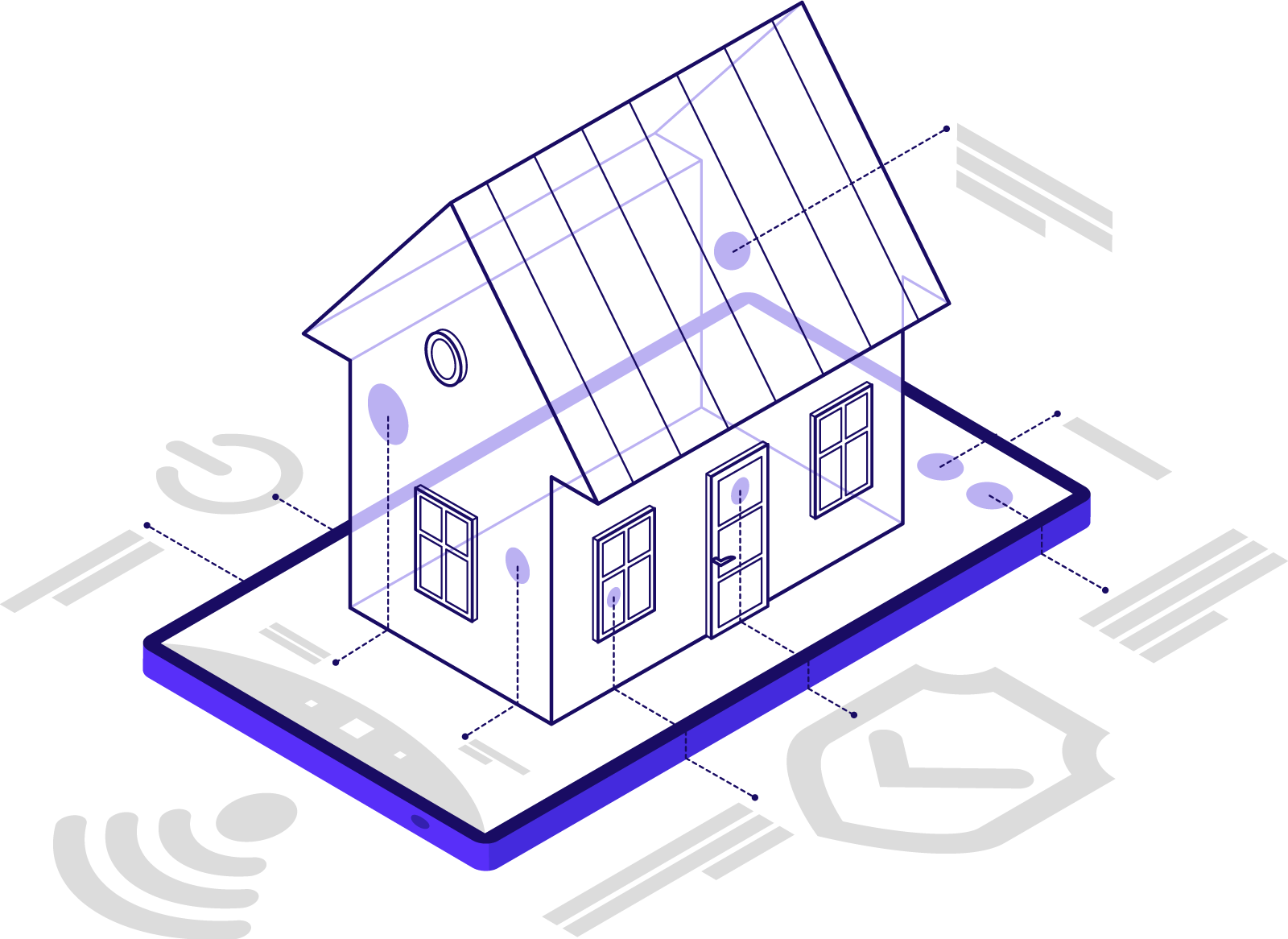 Illustration einer technischen Grafik von einem Wohnhaus auf einem Mobile-Endgerät und zusätzlichen Beschreibungen und Kennzeichnungen der BWORC Connect Dienstleistungen.